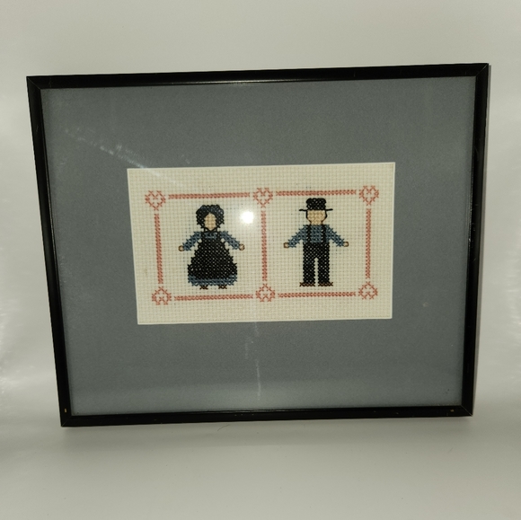 Other - Framed Cross Stitched Amish Man & Woman